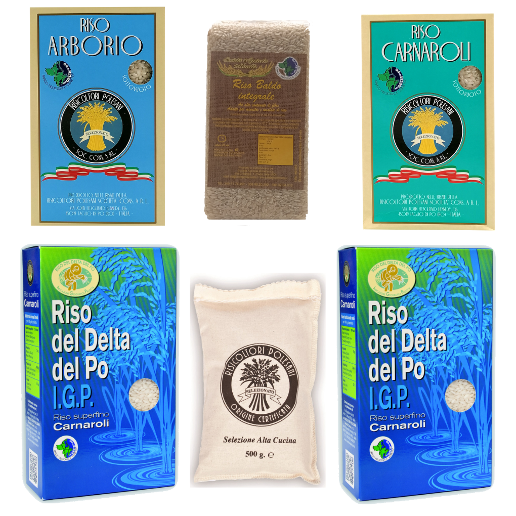 Kit degustazione riso vizioDiVino composto da: 2 Riso Carnaroli del Delta del Po IGP Kg 1; 1 Riso Carnaroli Risicoltori Polesani Kg 1; 1 Riso Vialone Nano Risicoltori Polesani Kg 1; 1 Riso Arborio Risicoltori Polesani Kg 1; 1 Riso Integrale Baldo Riseria Moretto Kg 1; 1 Riso Carnaroli Risicoltori Polesani " Sacco Cotone 500 g omaggio.