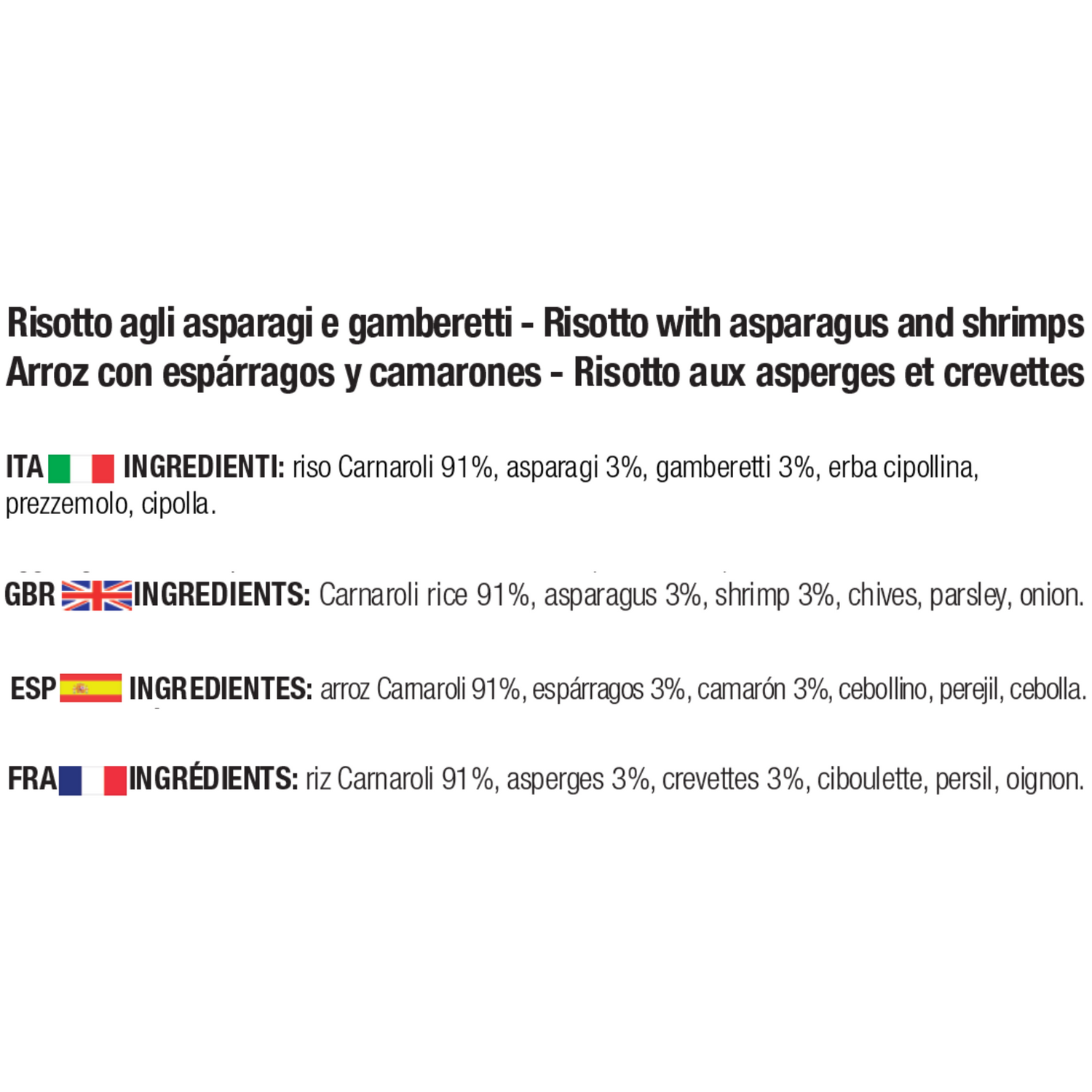 Ingredienti risotto asparagi e gamberetti: riso Carnaroli 91%, asparagi 3%, gamberetti 3%, erba cipollina, prezzemolo, cipolla.