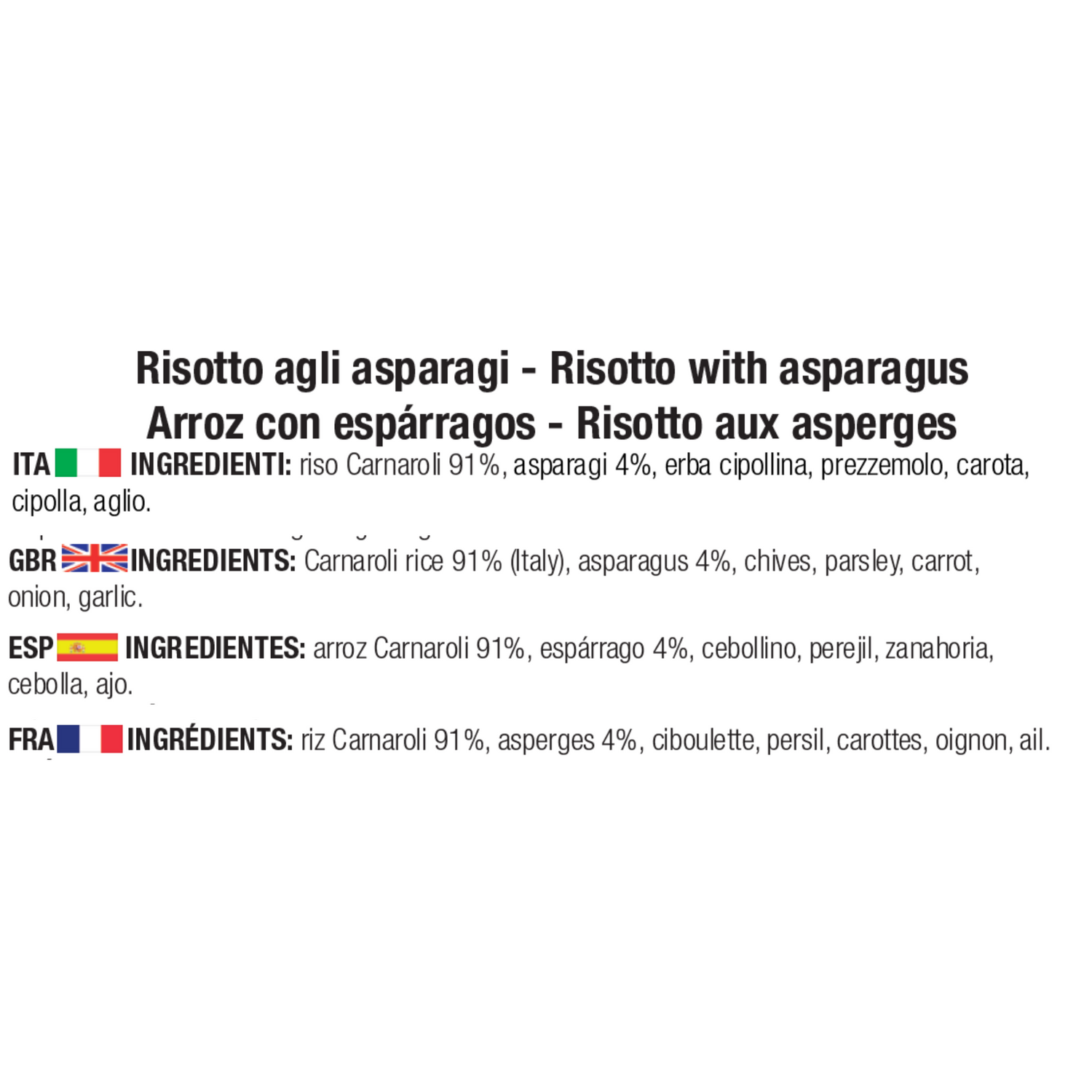 Ingredienti risotto agli asparagi: riso Carnaroli 91%, asparagi 4%, erba cipollina, prezzemolo, cipolla, aglio.