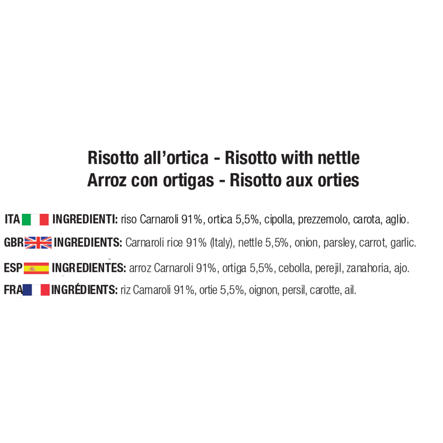 ingredienti risotto all'ortica: riso Carnaroli 91%, ortica 5,5%, cipolla, prezzemolo, carota, aglio.