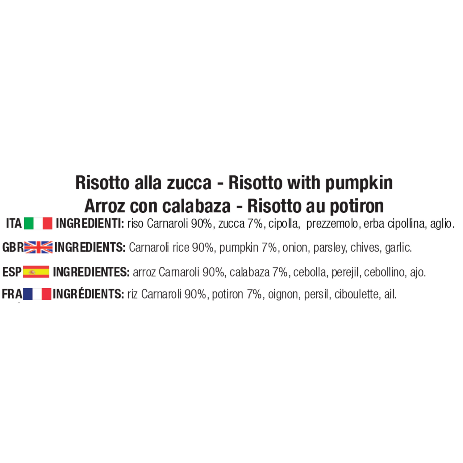 Ingredienti risotto alla zucca: riso Carnaroli 90%, zucca 7%, cipolla, prezzemolo, erba cipollina, aglio.