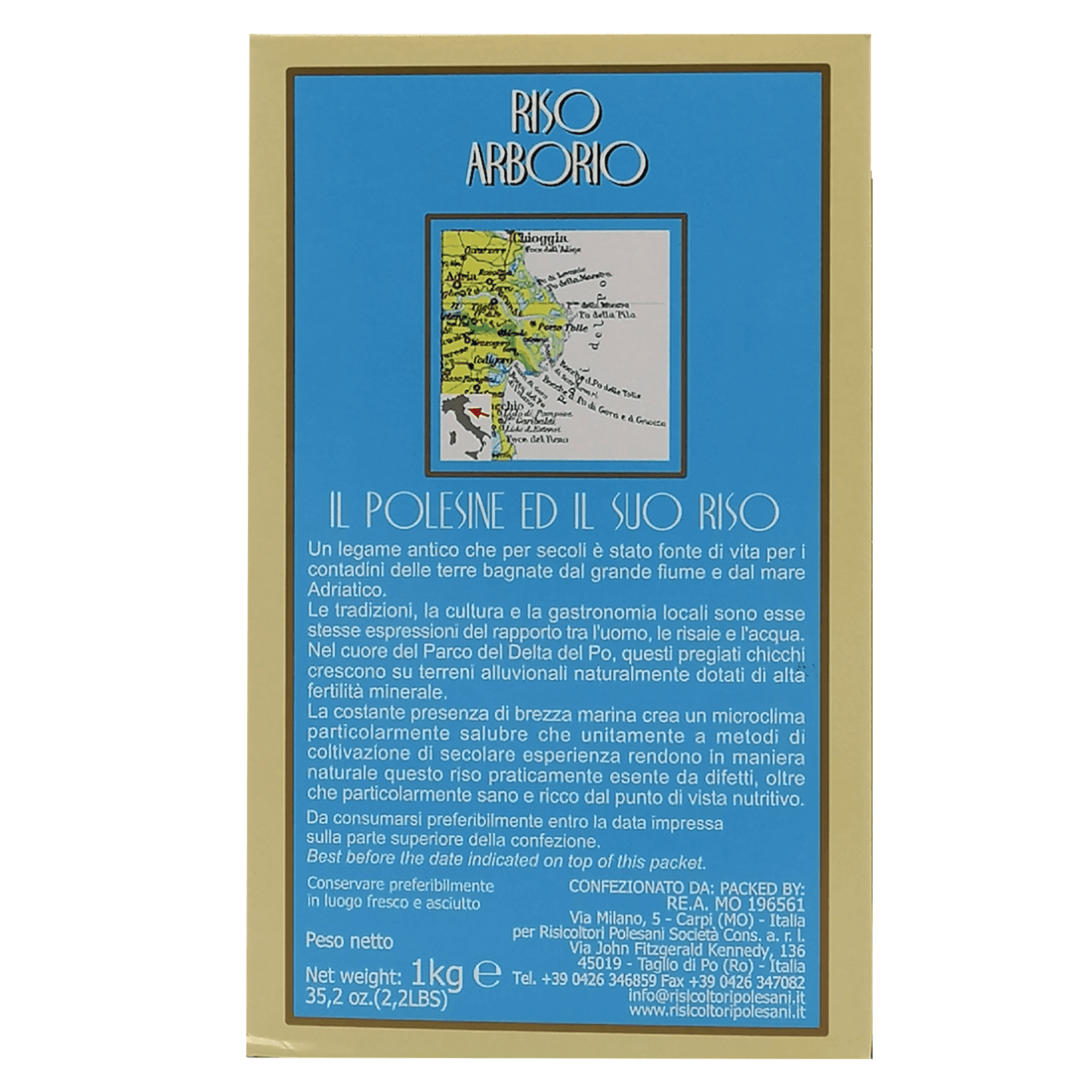 Retro della scatola da 1 kg di riso Arborio Delta del Po risicoltori Polesani.