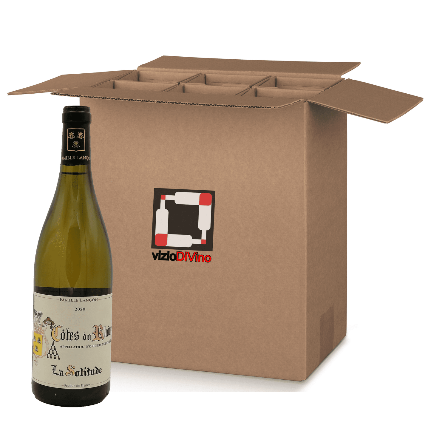 Cartone da 6 bottiglie da 0,75 l di Côtes du Rhône blanc Domaine de la Solitude Famille Lancon.