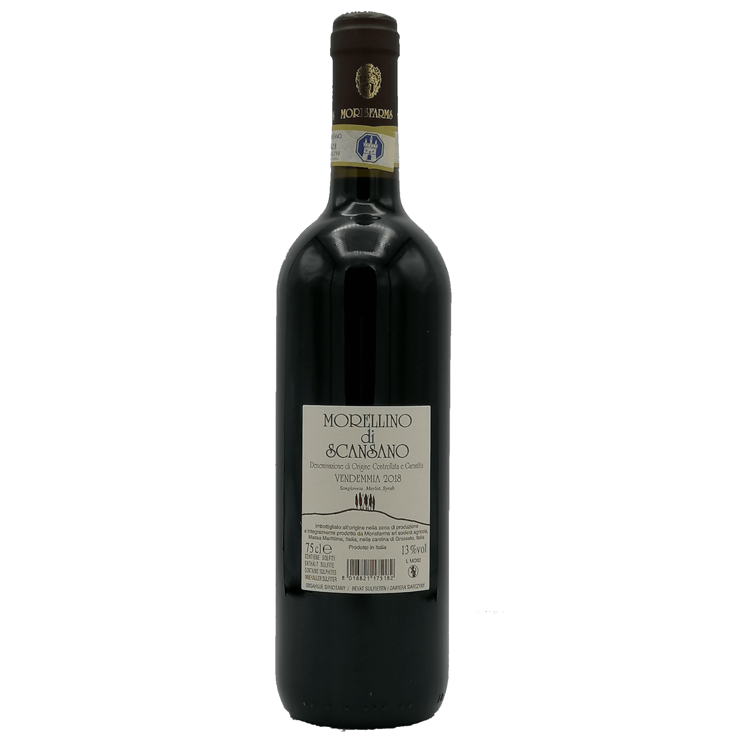 Retro della bottiglia di Morellino di Scansano DOCG Classico da 0,75 l Morisfarms.