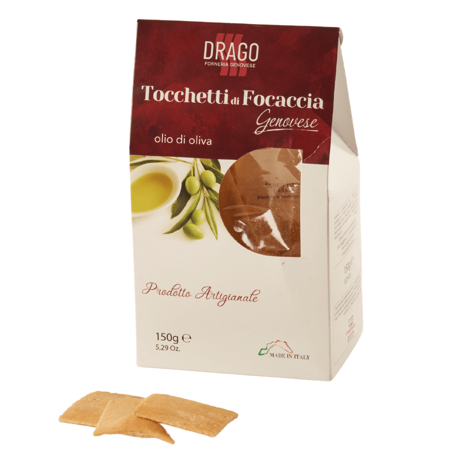 Tre tocchetti di focaccia genovese di fronte alla scatola da 150 g.