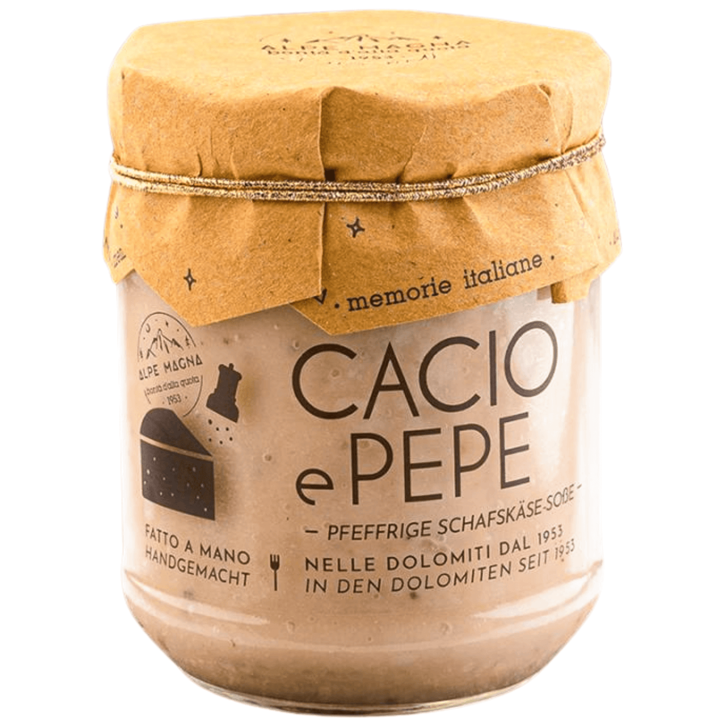 Vaso da 180 g di crema cacio e pepe con pecorino romano DOP e pepe nero Alpe Magna.