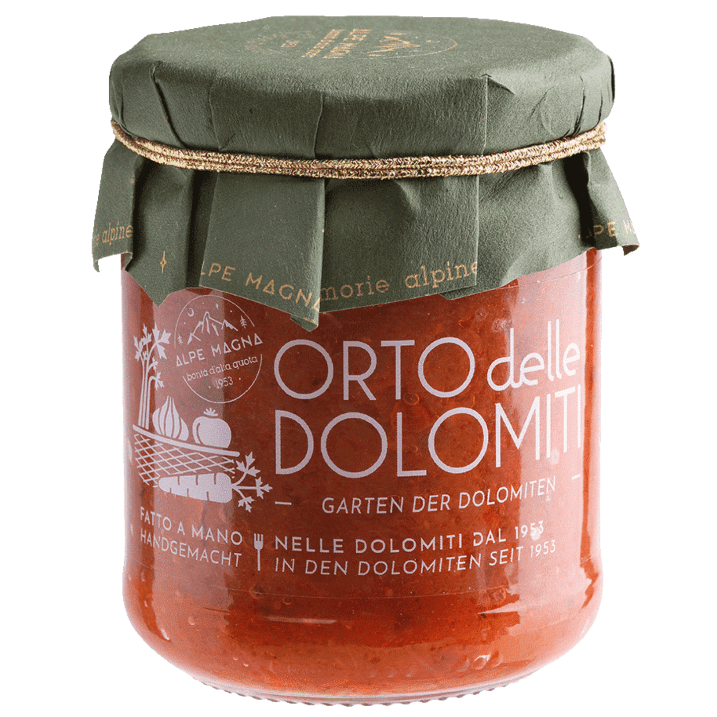 Vaso da 190 g di sugo Orto delle Dolomiti Alpe Magna.