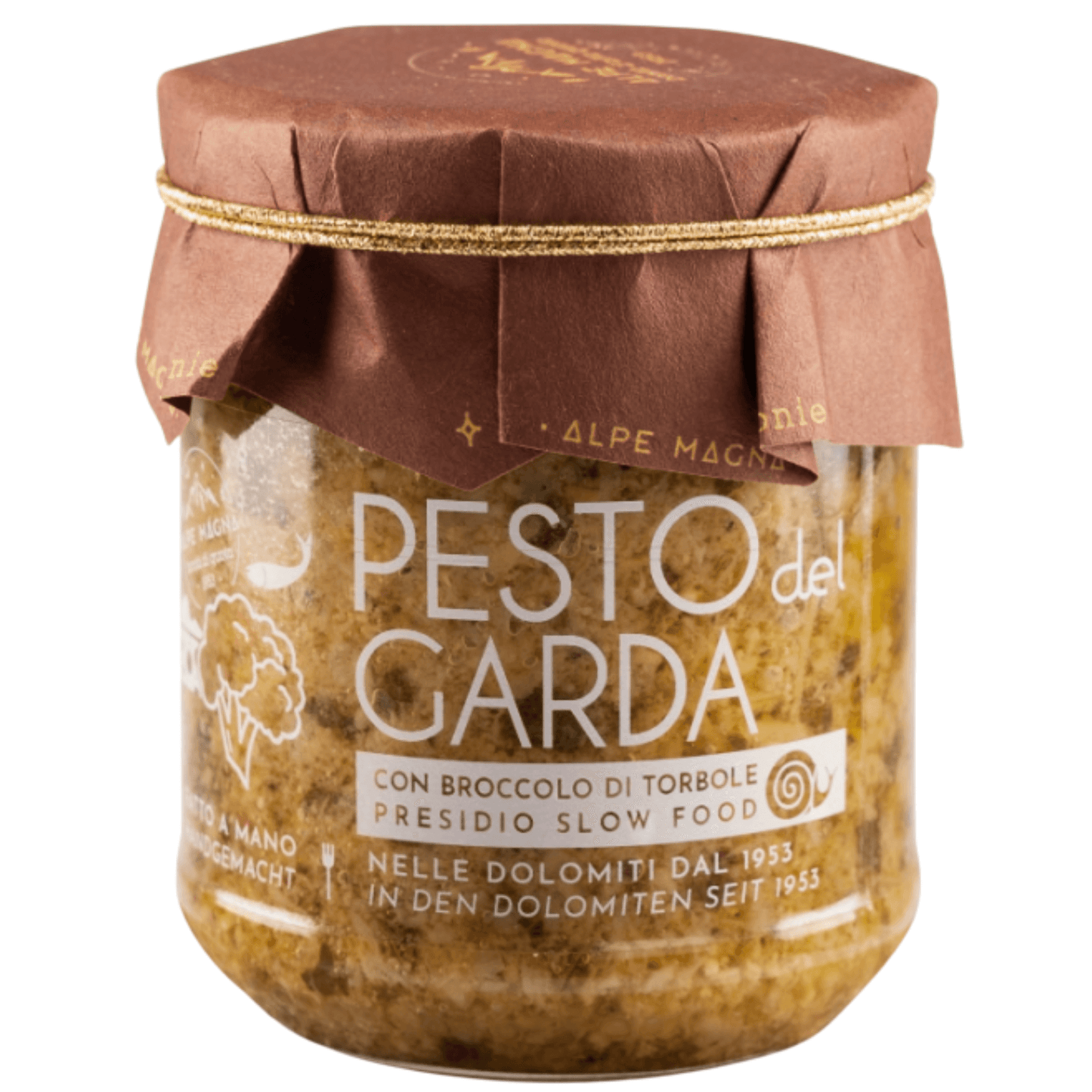 Vaso da 180 g di Pesto del Garda con broccolo di Torbole Alpe Magna.