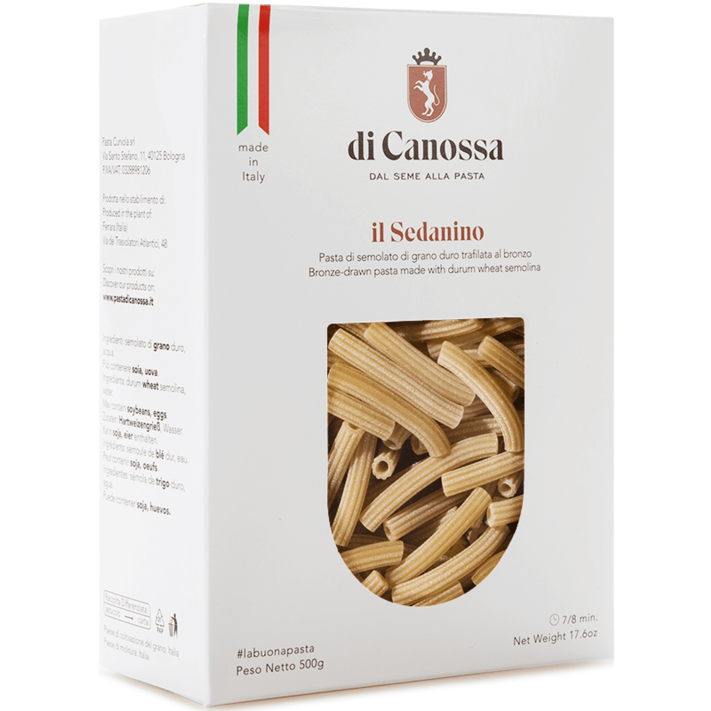 Scatola da 500 g di Sedanini semintegrali 500 g Pasta di Canossa.