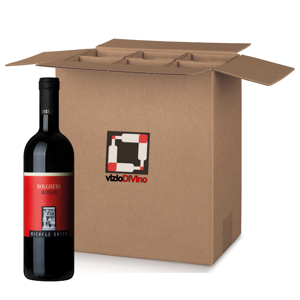 1 bottiglia di Bolgheri Rosso DOC Michele Satta da 0,75 l con, sul retro, cartone vizioDiVino per 6 bottiglie.