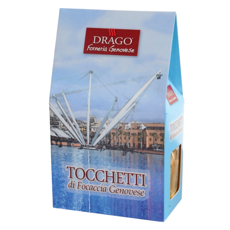 Scatola di tocchetti di focaccia genovese "Drago" da 150 g.