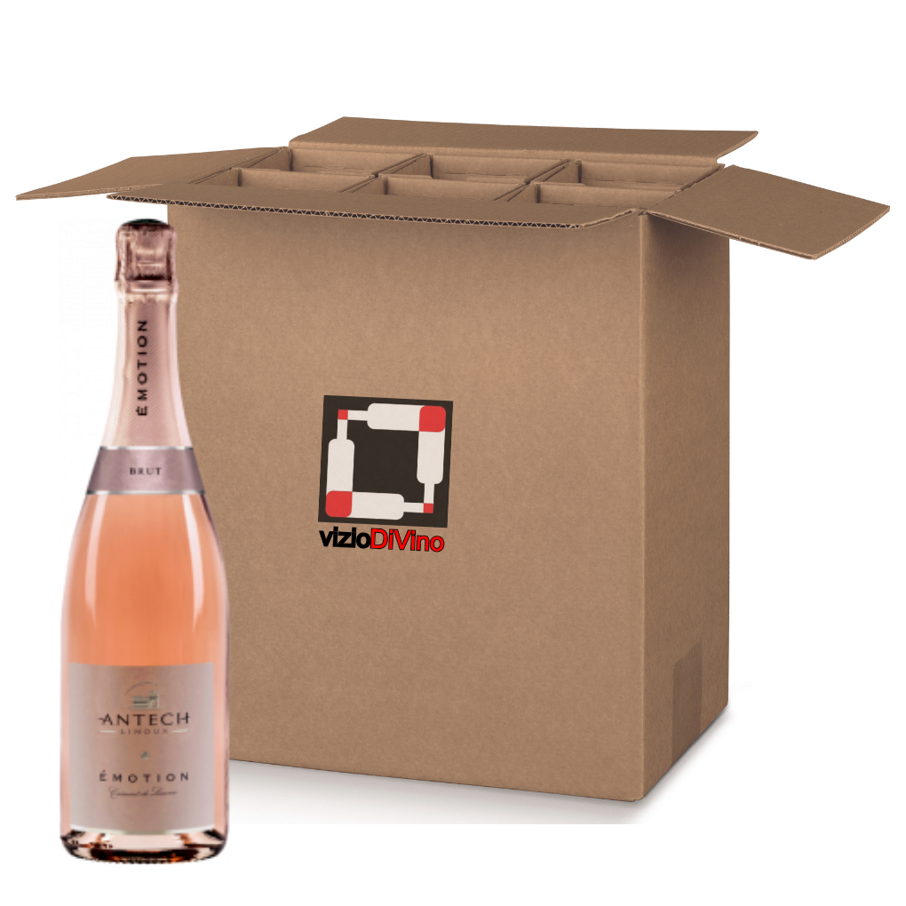 Una bttiglia di Crémant de Limoux Rosé Emotion Brut Millesimato Antech con, sullo sfondo, cartone marchiato vizioDiVino.