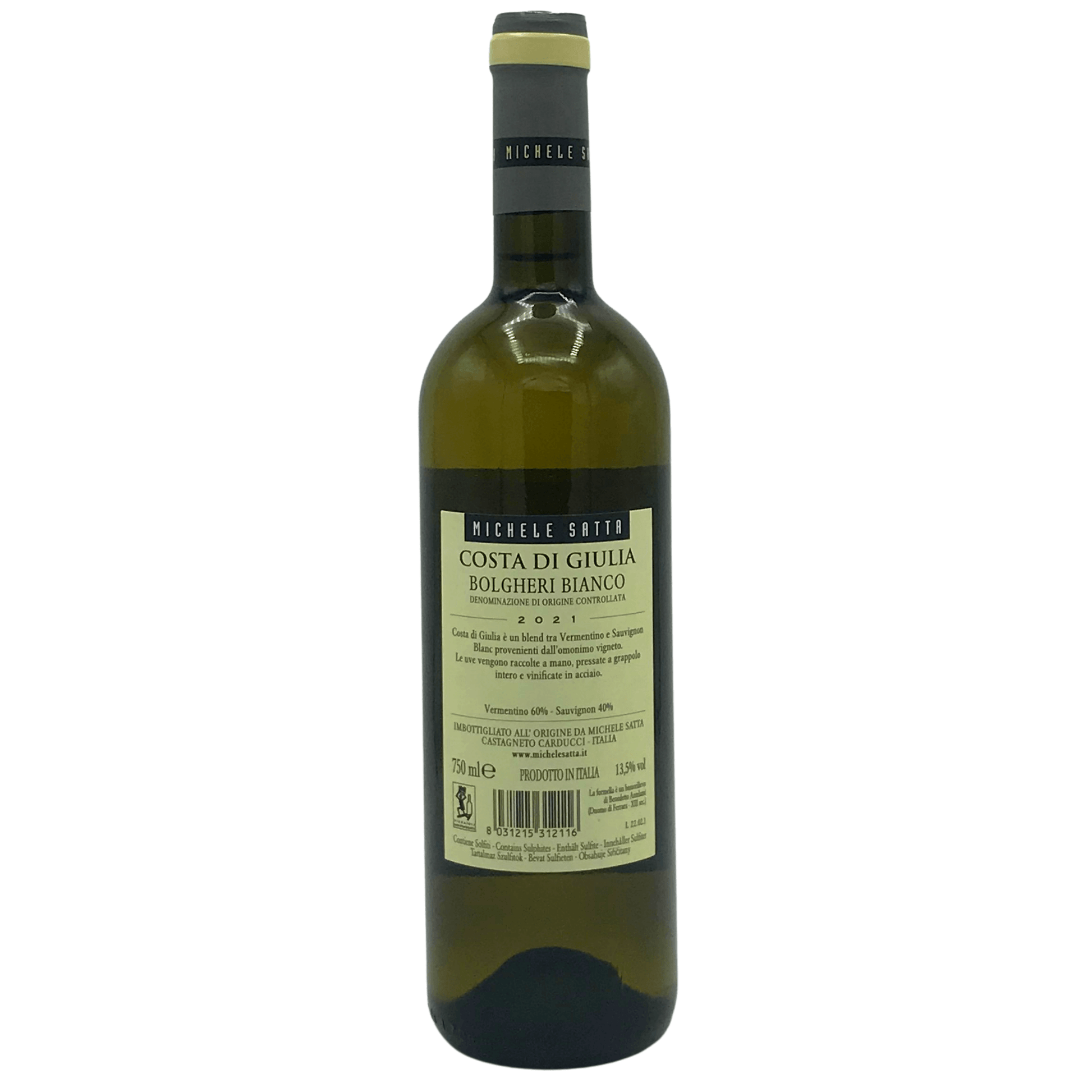 Retro della bottiglia di Bolgheri Costa di Giulia Michele Satta da 0,75 l.