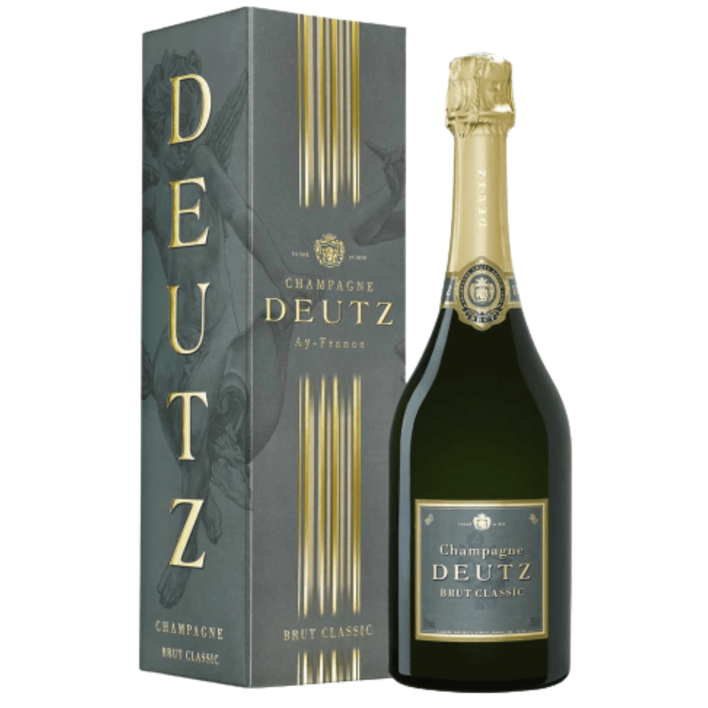Bottiglia di Champagne Deutz Brut Classic da 0,75 l con astuccio.